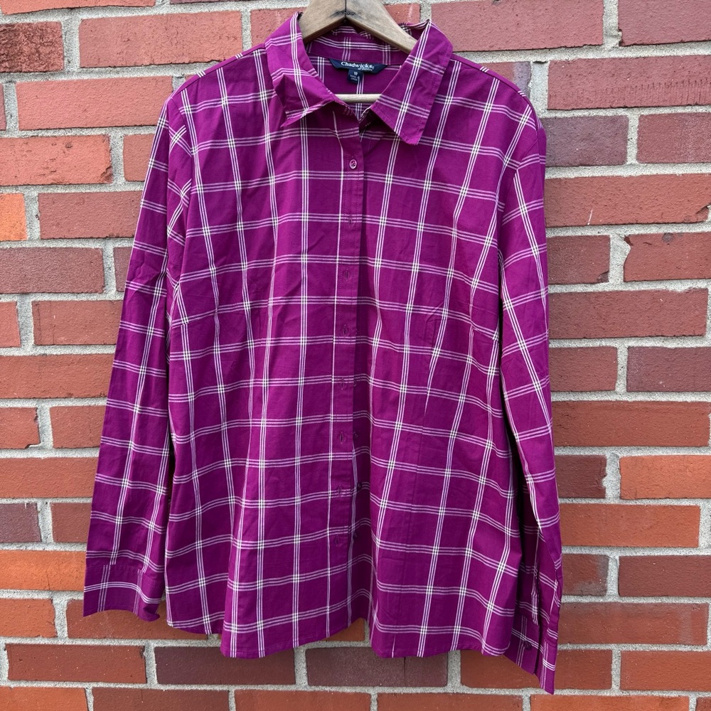 Chadwick’s Of Boston Fuchsia White Plaid Button Up Long Sleeve Shirt- 18